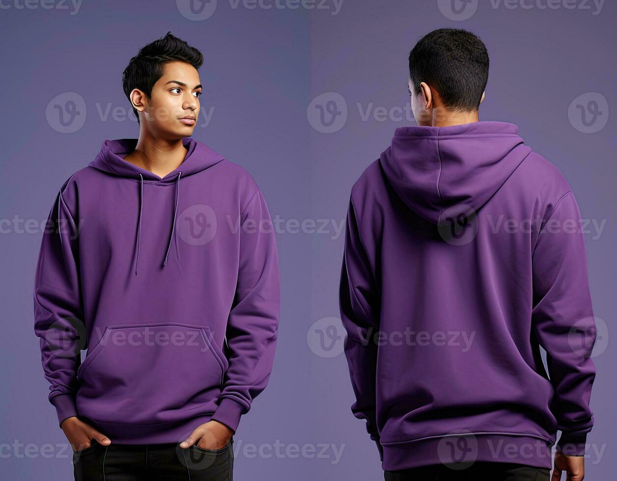 Front and back view of a purple hoodie mockup for design print. ai generated photo
