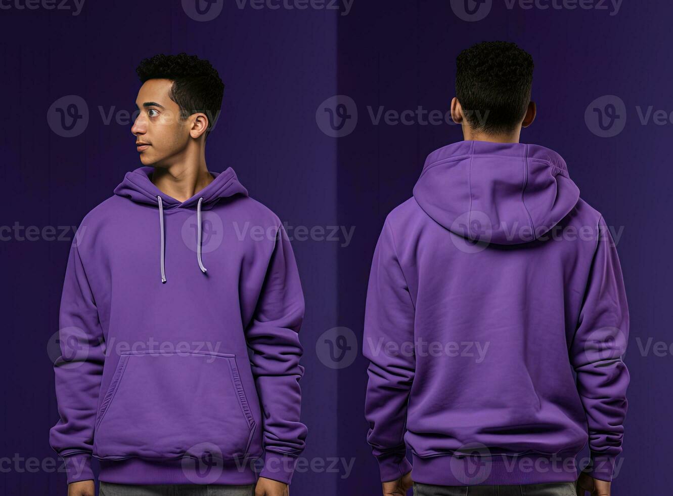 Front and back view of a purple hoodie mockup for design print. ai generated photo