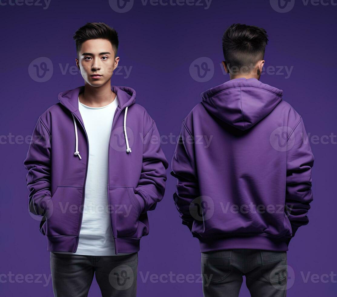 Front and back view of a purple hoodie mockup for design print. ai generated photo