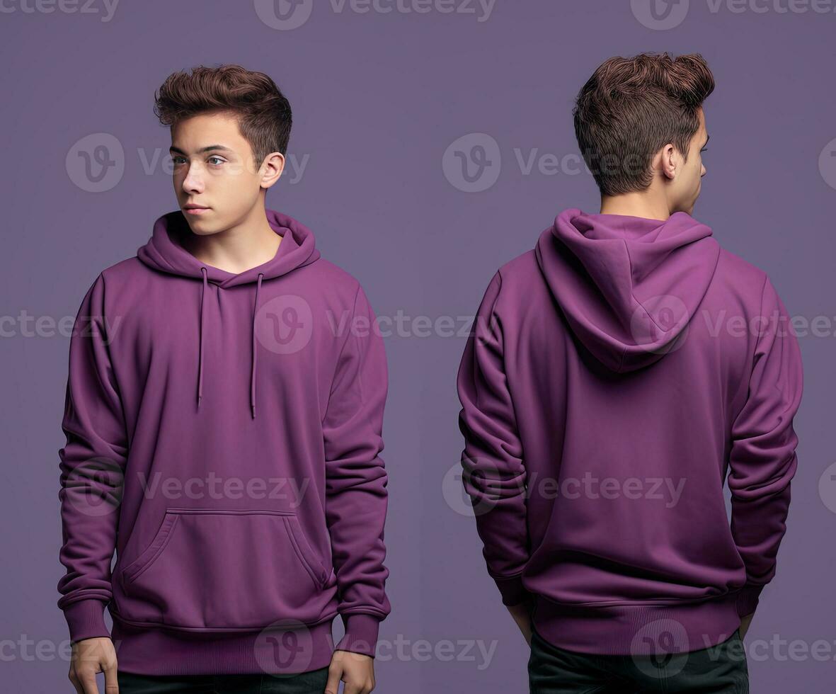 Front and back view of a purple hoodie mockup for design print. ai generated photo