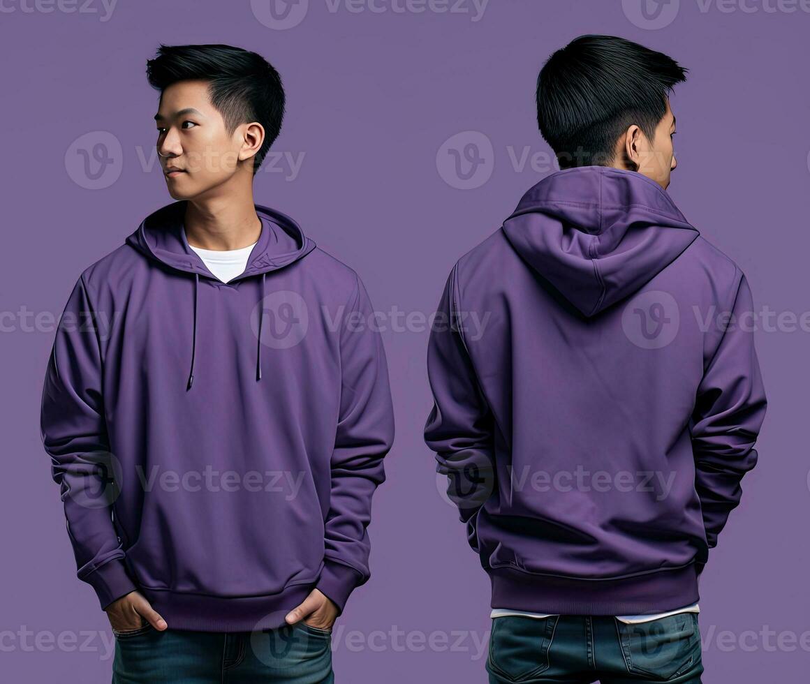 Front and back view of a purple hoodie mockup for design print. ai generated photo