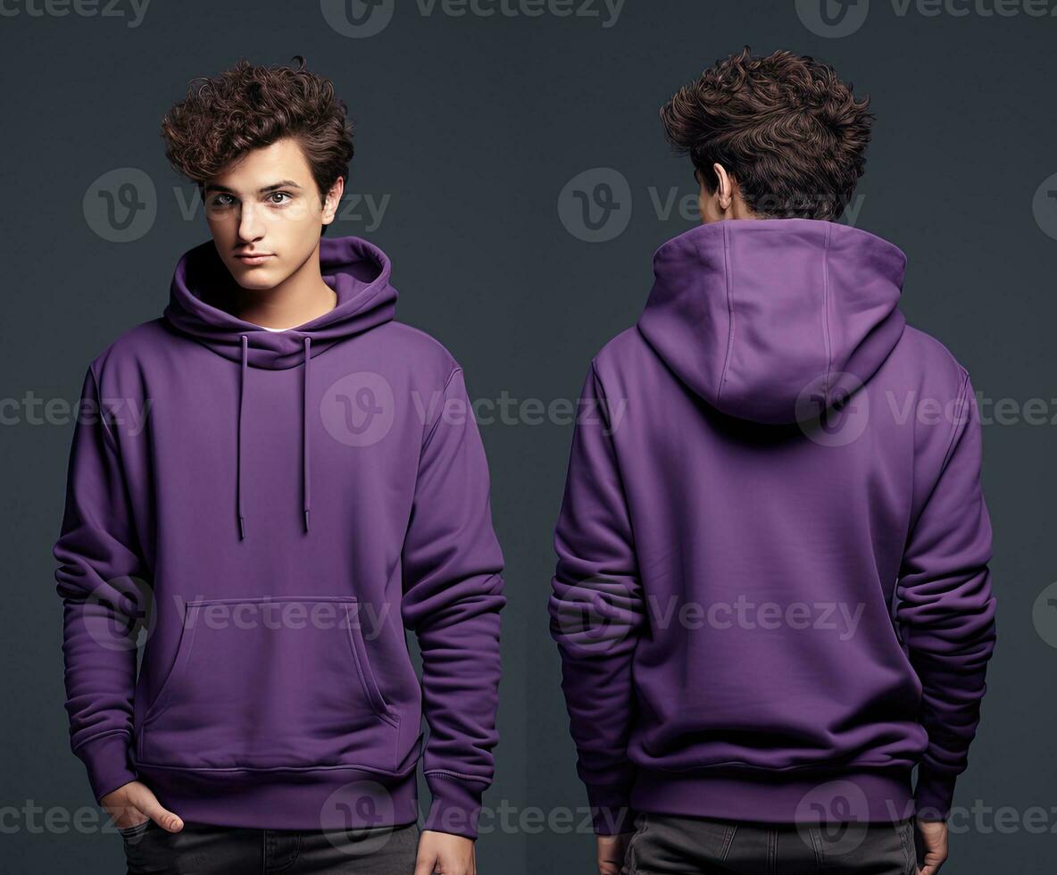 Front and back view of a purple hoodie mockup for design print. ai generated photo