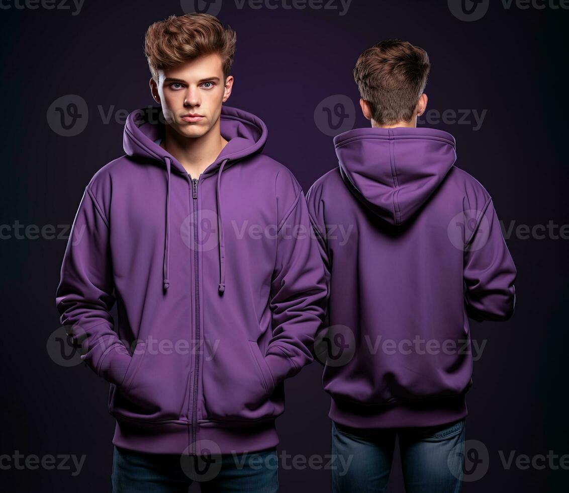 Front and back view of a purple hoodie mockup for design print. ai generated photo