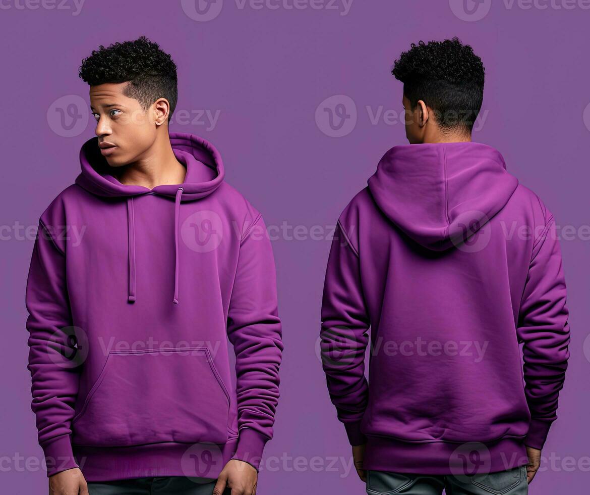 Front and back view of a purple hoodie mockup for design print. ai generated photo