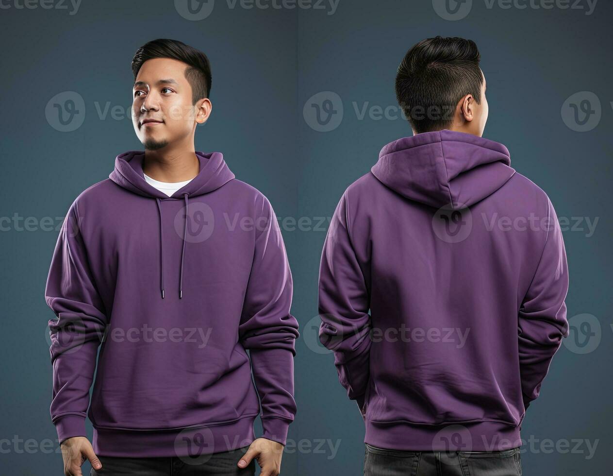 Front and back view of a purple hoodie mockup for design print. ai generated photo