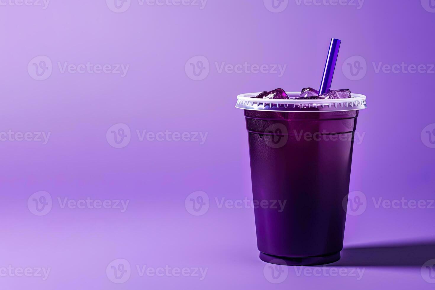 Purple drink in a plastic cup isolated on a purple background. Take away drinks concept with copy space. ai generated photo