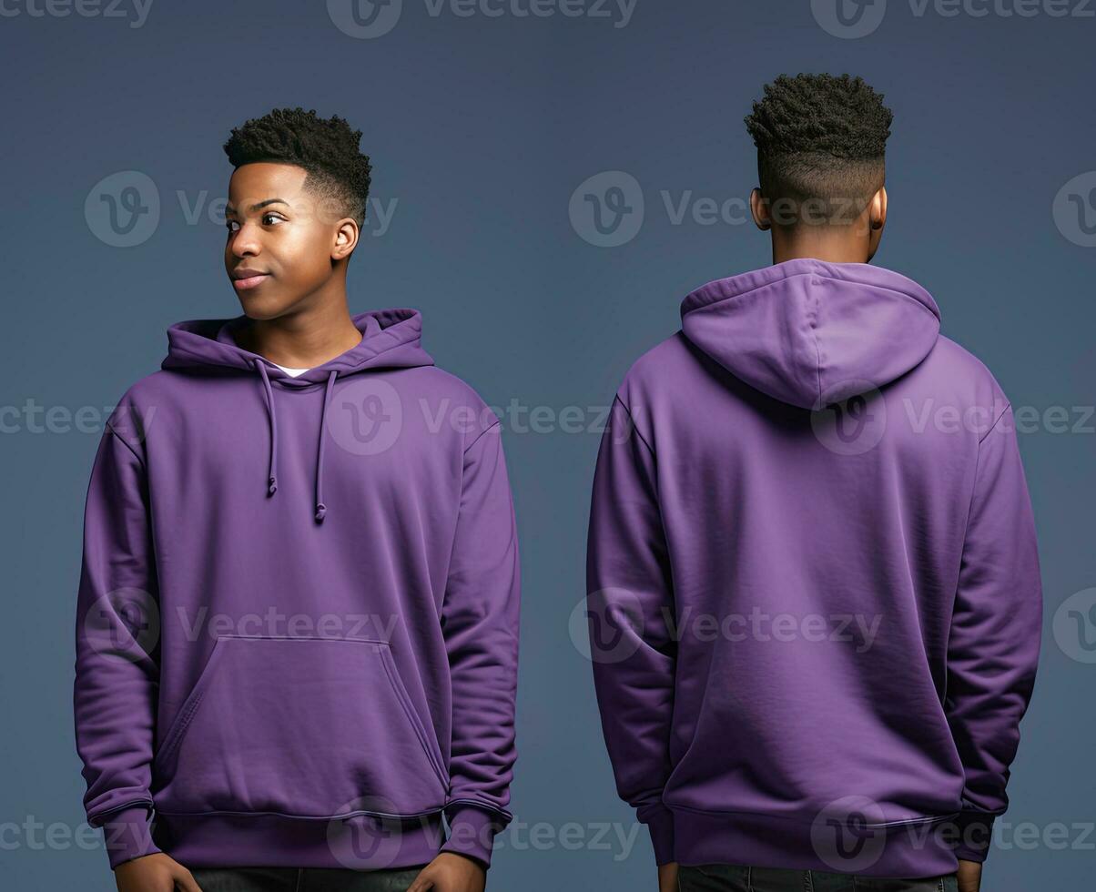 Front and back view of a purple hoodie mockup for design print. ai generated photo