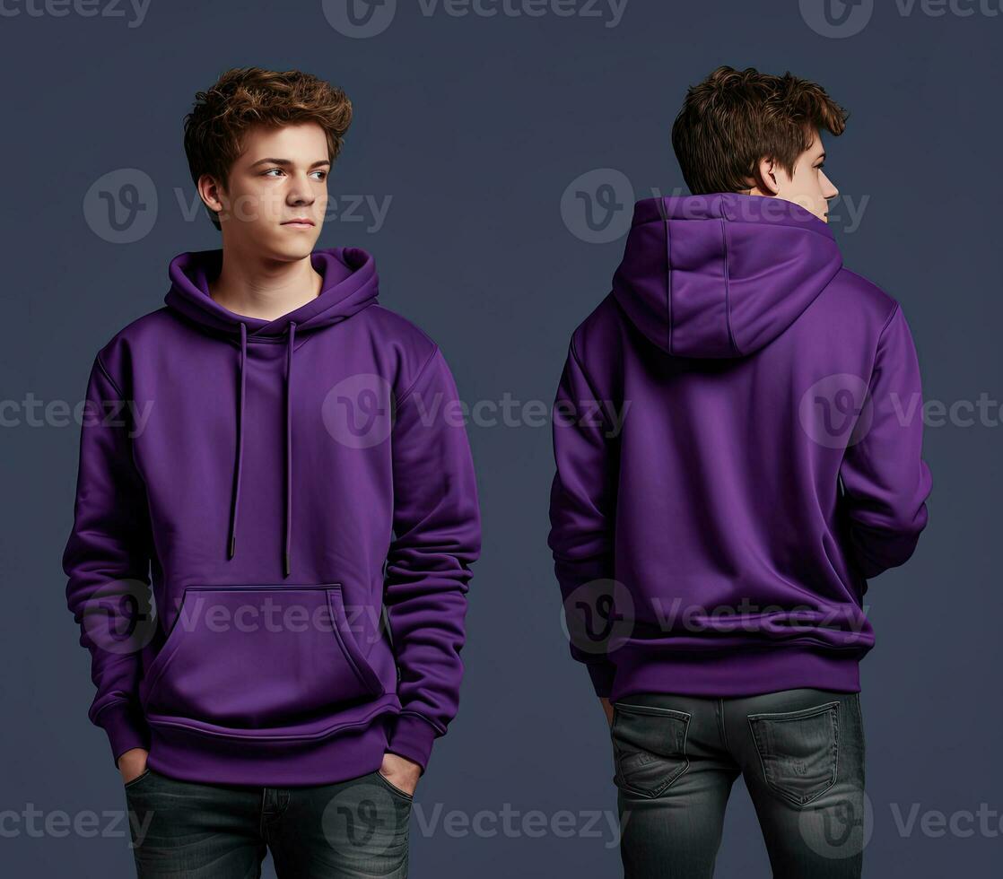 Front and back view of a purple hoodie mockup for design print. ai generated photo
