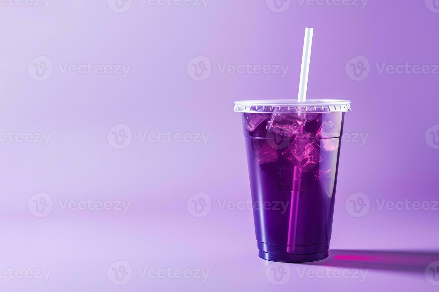 Purple drink in a plastic cup isolated on a purple background. Take away drinks concept with copy space. ai generated photo