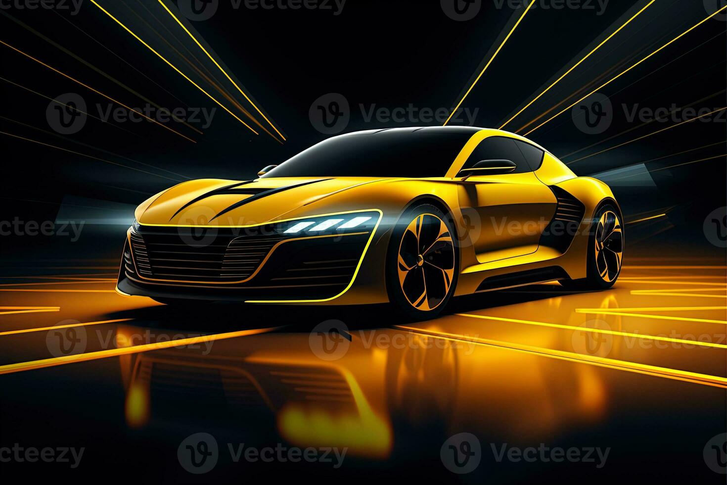 yellow sports car wallpaper with fantastic light effect background. ai generated photo