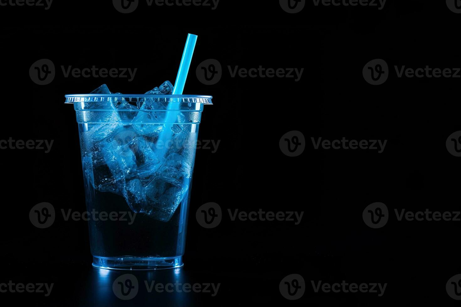 Blue drink in a plastic cup isolated on a black background. Take away drinks concept with copy space. ai generated photo