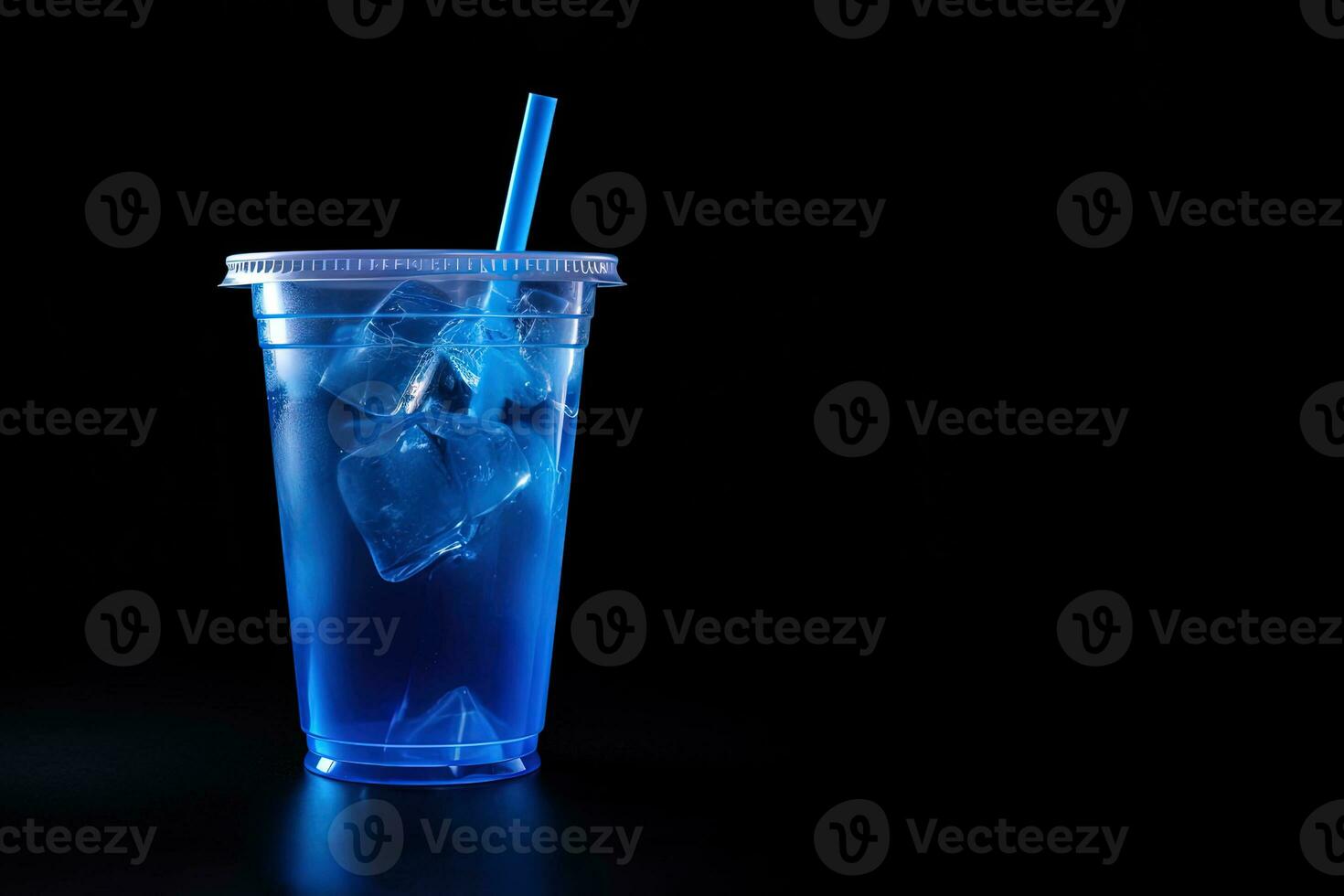 Blue drink in a plastic cup isolated on a black background. Take away drinks concept with copy space. ai generated photo