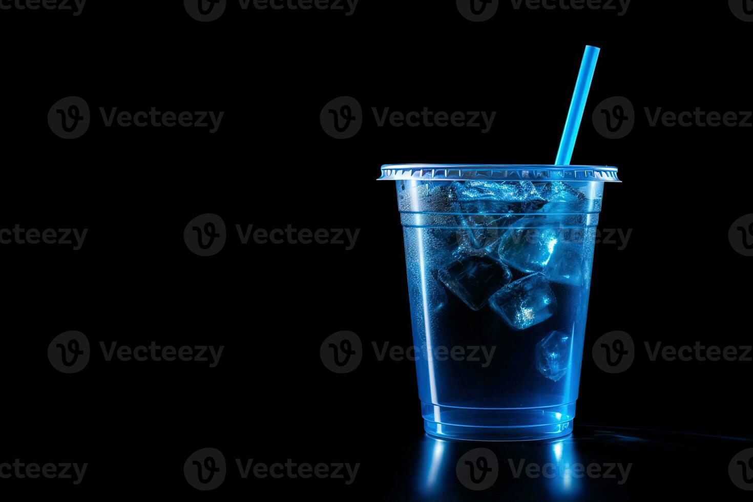 Blue drink in a plastic cup isolated on a black background. Take away drinks concept with copy space. ai generated photo