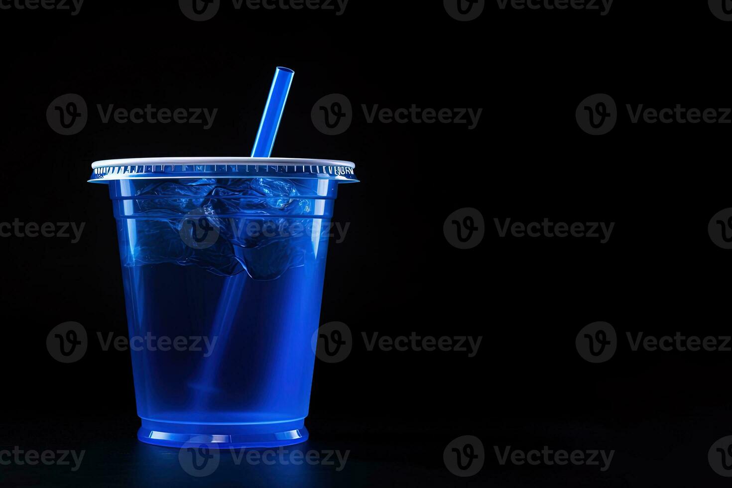 Blue drink in a plastic cup isolated on a black background. Take away drinks concept with copy space. ai generated photo