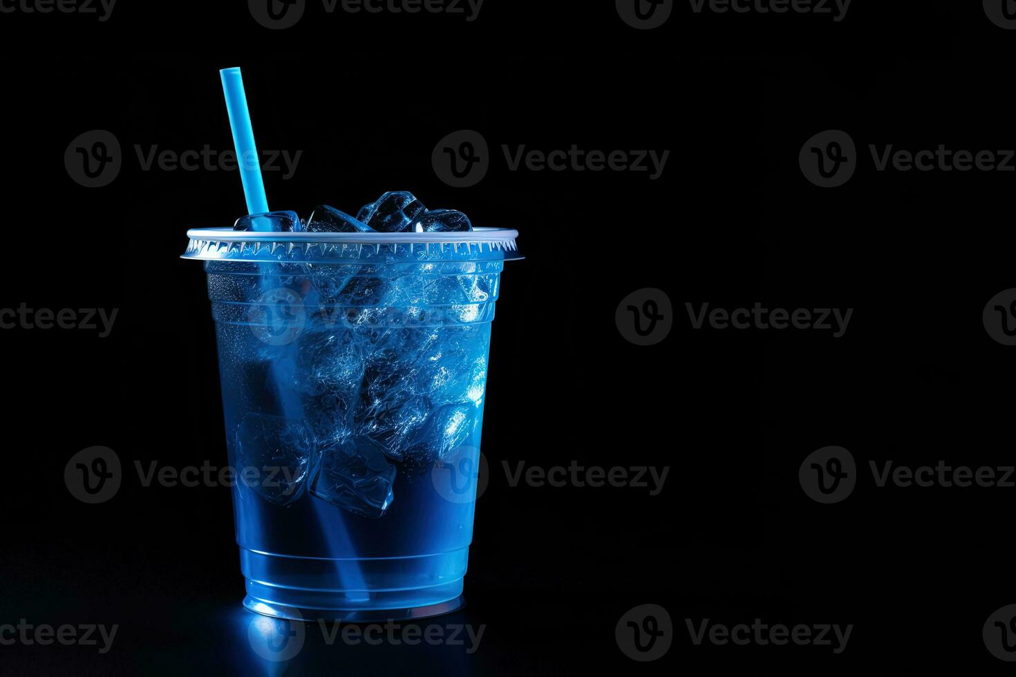 Blue drink in a plastic cup isolated on a black background. Take away drinks concept with copy space. ai generated photo