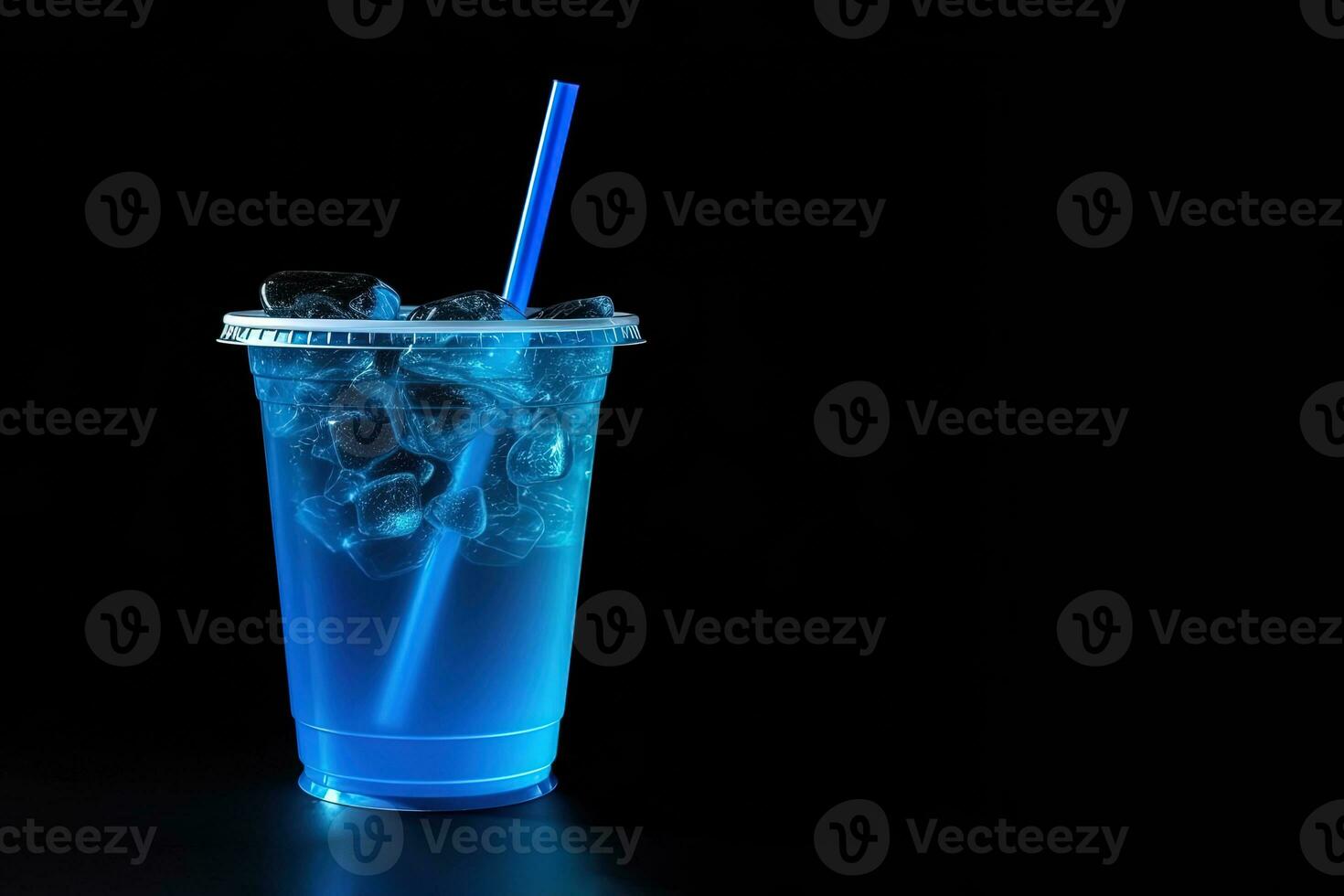 Blue drink in a plastic cup isolated on a black background. Take away drinks concept with copy space. ai generated photo