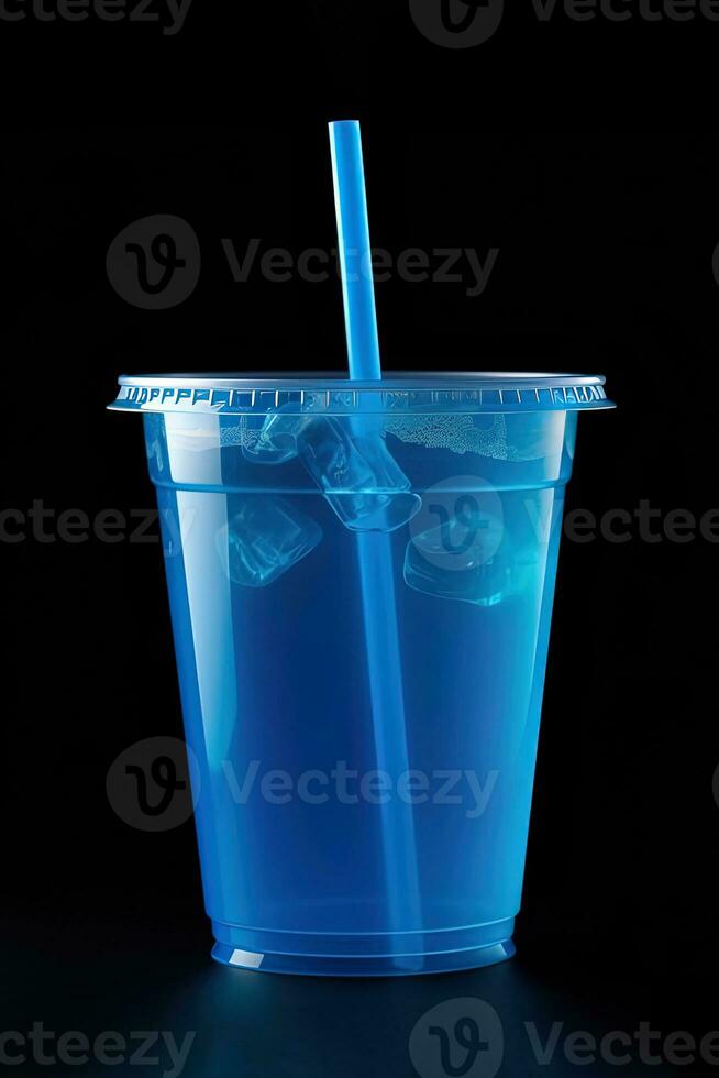 Blue drink in a plastic cup isolated on a black background. Take away drinks concept. ai generated photo
