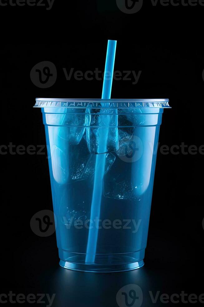 Blue drink in a plastic cup isolated on a black background. Take away drinks concept. ai generated photo