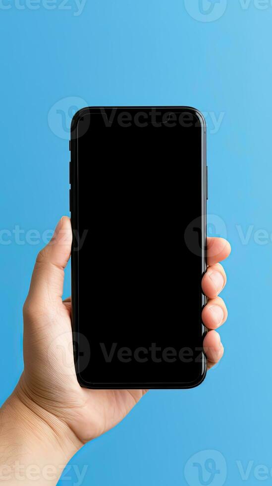 Hand holding smartphone with a black blank screen isolated on a blue background. ai generated photo