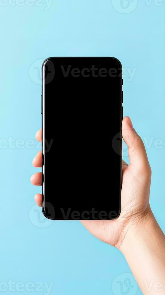 Hand holding smartphone with a black blank screen isolated on a blue background. ai generated photo
