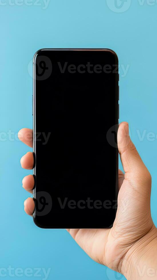 Hand holding smartphone with a black blank screen isolated on a blue background. ai generated photo