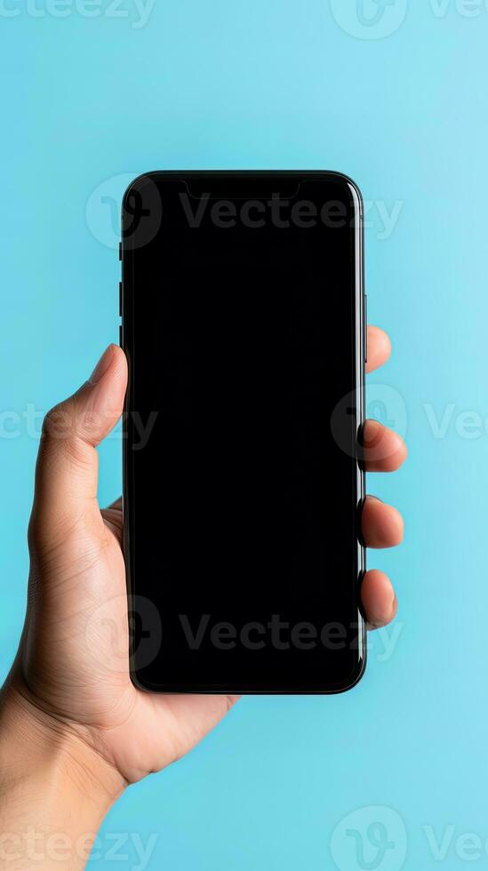 Hand holding smartphone with a black blank screen isolated on a blue background. ai generated photo