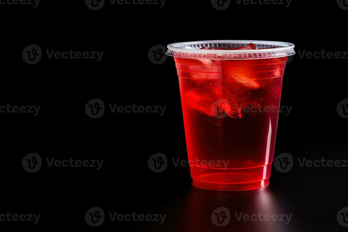 rojo bebida en un el plastico taza aislado en un negro antecedentes. tomar lejos bebidas concepto con Copiar espacio. ai generado foto