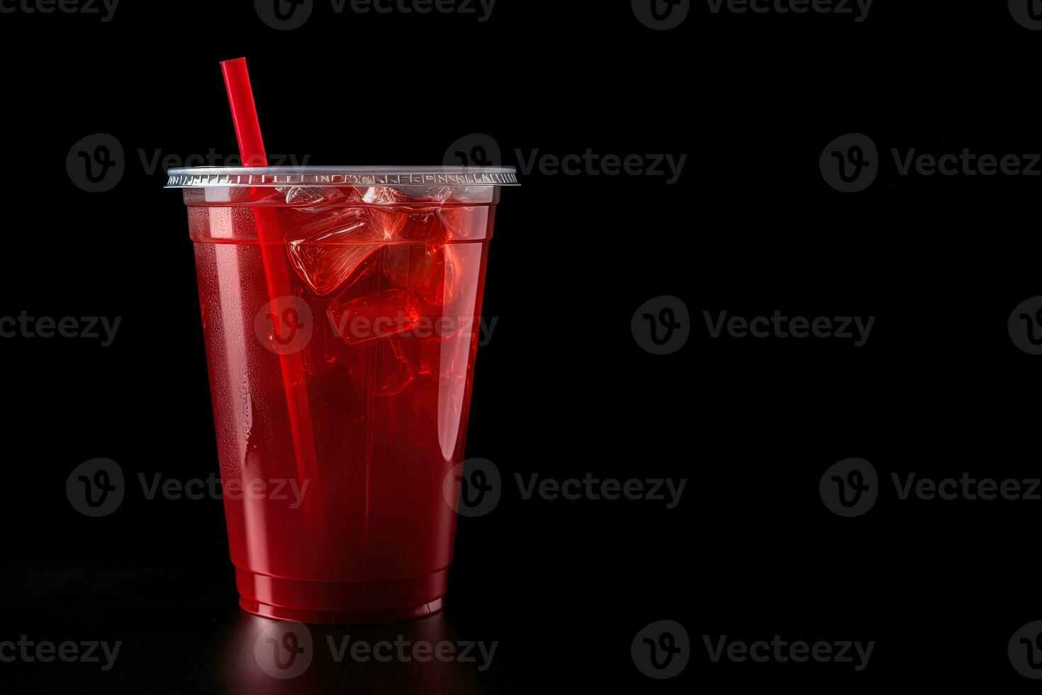 Red drink in a plastic cup isolated on a black background. Take away drinks concept with copy space. ai generated photo