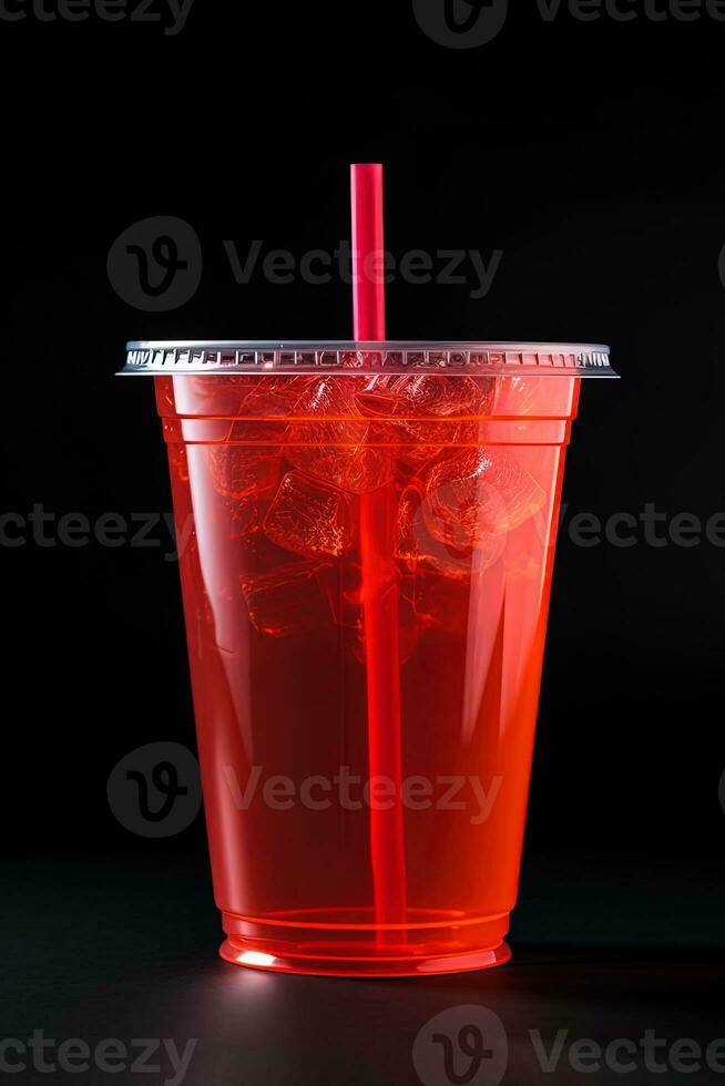 rojo bebida en un el plastico taza aislado en un negro antecedentes. tomar lejos bebidas concepto. ai generado foto