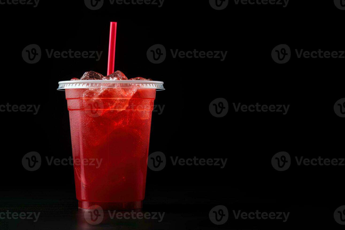 Red drink in a plastic cup isolated on a black background. Take away drinks concept with copy space. ai generated photo