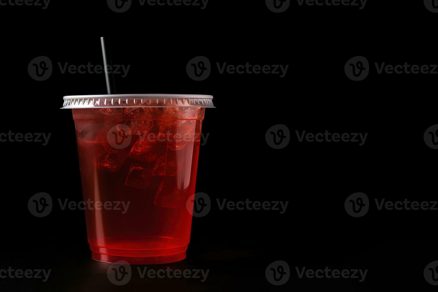 Red drink in a plastic cup isolated on a black background. Take away drinks concept with copy space. ai generated photo