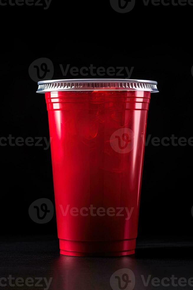 rojo bebida en un el plastico taza aislado en un negro antecedentes. tomar lejos bebidas concepto. ai generado foto