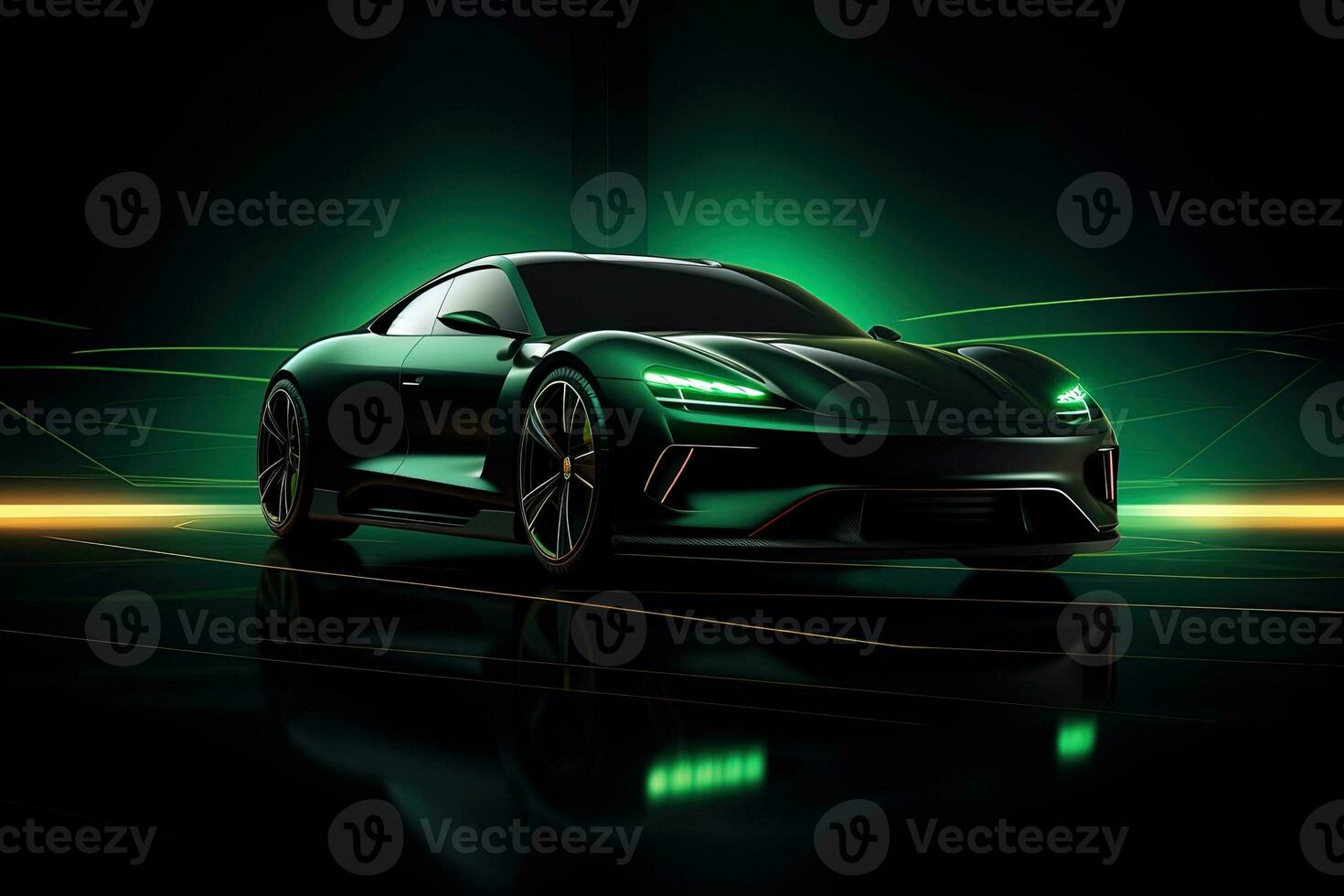 green sports car wallpaper with fantastic light effect background. ai generated photo
