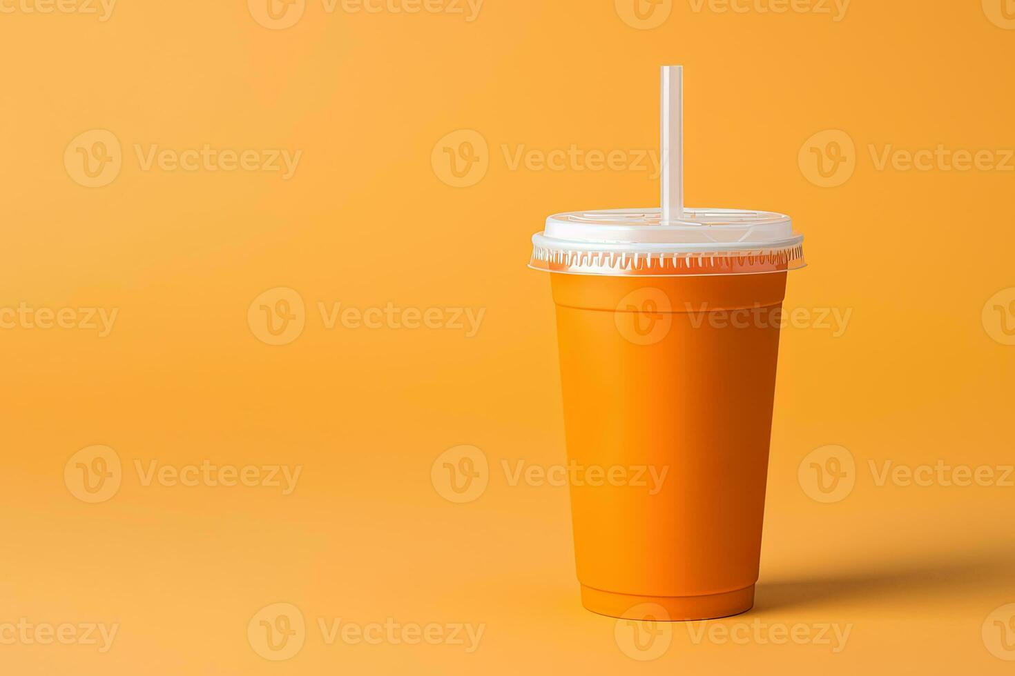 Orange color drink in a plastic cup isolated on a orange color background. Take away drinks concept with copy space. ai generated photo