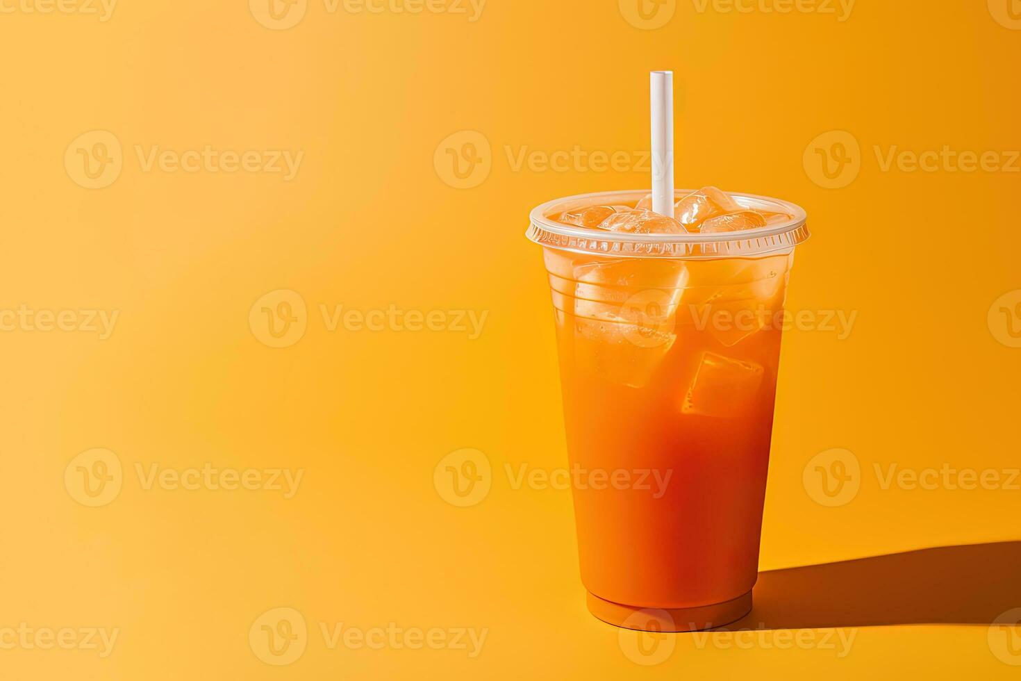 Orange color drink in a plastic cup isolated on a orange color background. Take away drinks concept with copy space. ai generated photo