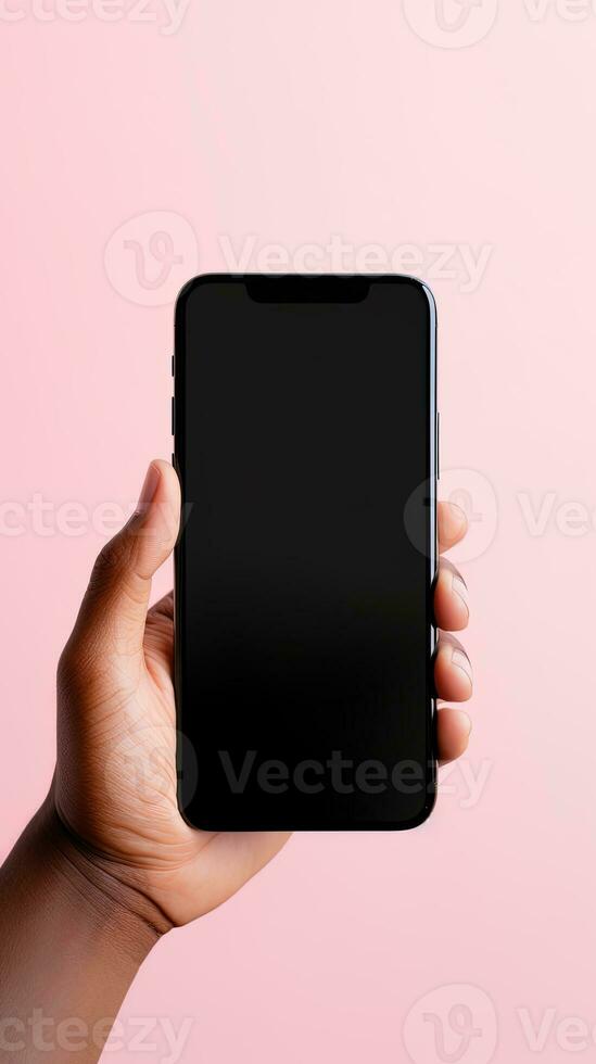 Hand holding smartphone with a black blank screen isolated on a pink background. ai generated photo