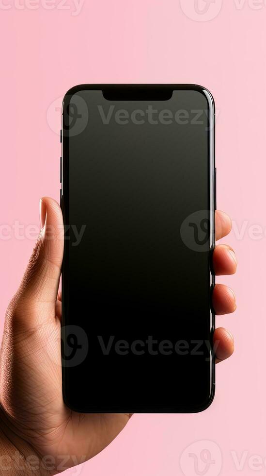 Hand holding smartphone with a black blank screen isolated on a pink background. ai generated photo