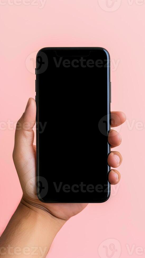 Hand holding smartphone with a black blank screen isolated on a pink background. ai generated photo