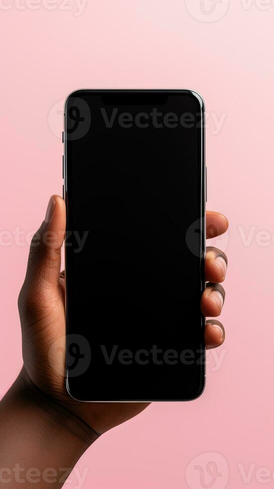 Hand holding smartphone with a black blank screen isolated on a pink background. ai generated photo
