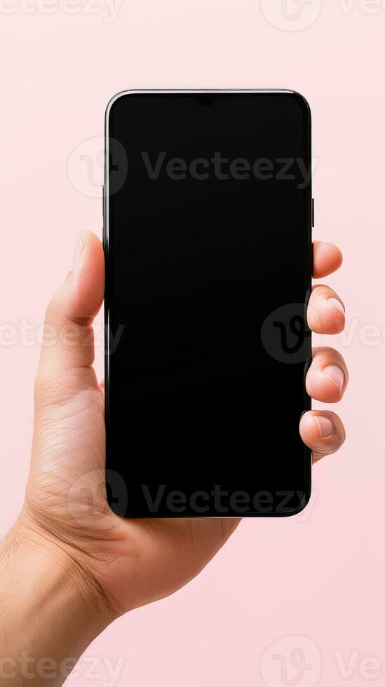 Hand holding smartphone with a black blank screen isolated on a pink background. ai generated photo