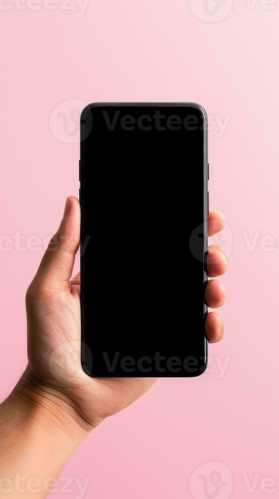 Hand holding smartphone with a black blank screen isolated on a pink background. ai generated photo