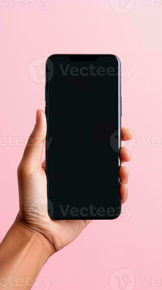 Hand holding smartphone with a black blank screen isolated on a pink background. ai generated photo
