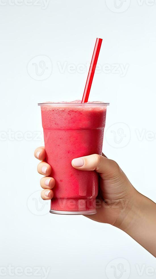 Hand holds a glass of fresh strawberry smoothie. Summer drink milkshake and refreshment organic concept. ai generated photo