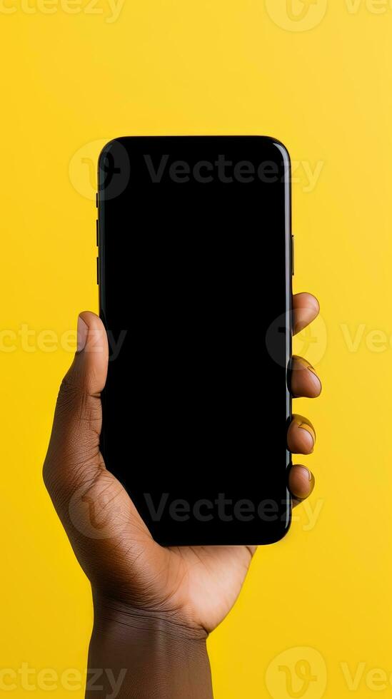 Hand holding smartphone with a black blank screen isolated on a yellow background. ai generated photo