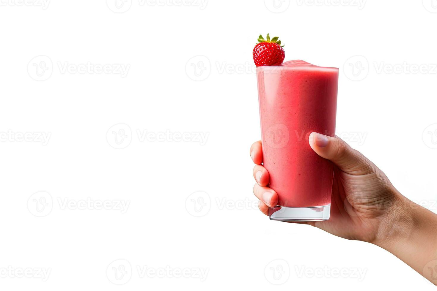 Hand holds a glass of fresh strawberry smoothie. Summer drink milkshake and refreshment organic concept with copy space. ai generated photo