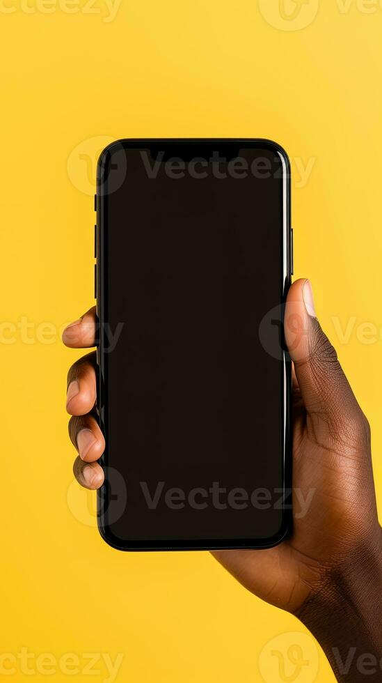 Hand holding smartphone with a black blank screen isolated on a yellow background. ai generated photo