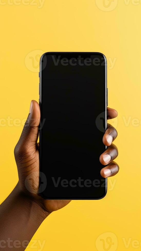 Hand holding smartphone with a black blank screen isolated on a yellow background. ai generated photo