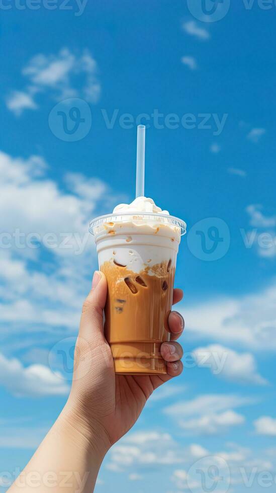 Hand holding iced coffee in a plastic cup with a blue sky and cloud background. ai generated photo
