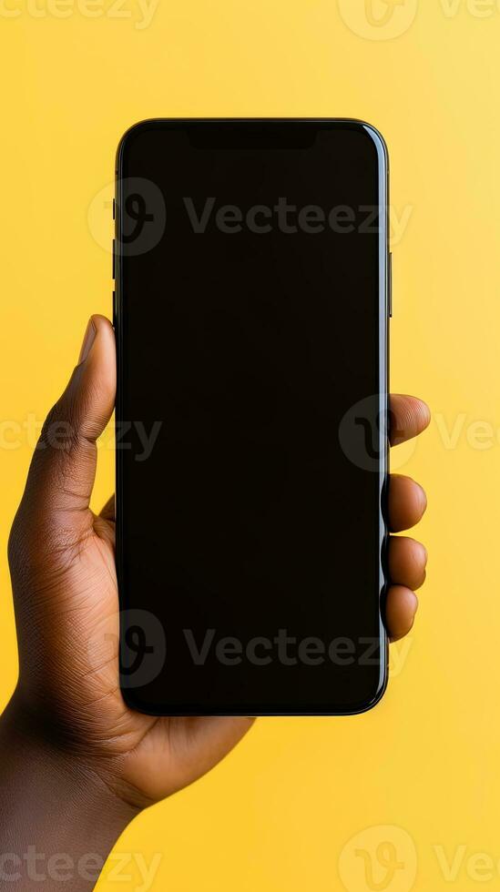 Hand holding smartphone with a black blank screen isolated on a yellow background. ai generated photo