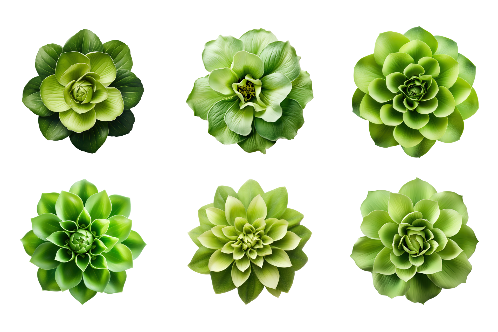 Selection of various green flowers isolated on a transparent background
